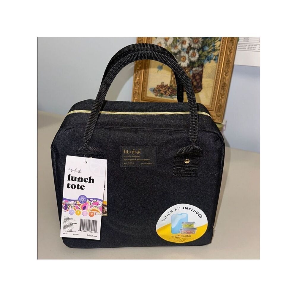 fit + fresh Bloomington Black Lunch Tote Bag w/ Handles Ice Pack & 2 Containers